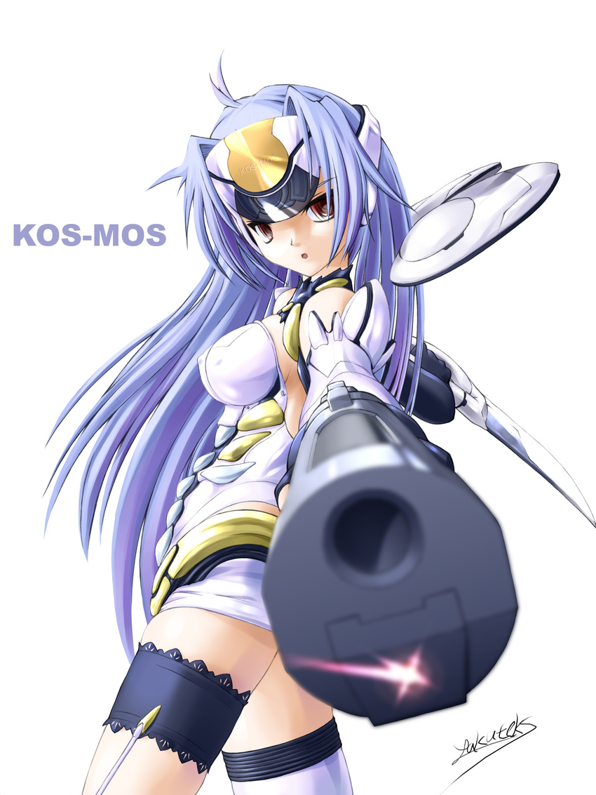 absurdres android blue_hair brown_eyes garters gloves gun highres kos-mos long_hair solo takuteks thighhighs weapon xenosaga xenosaga_episode_i