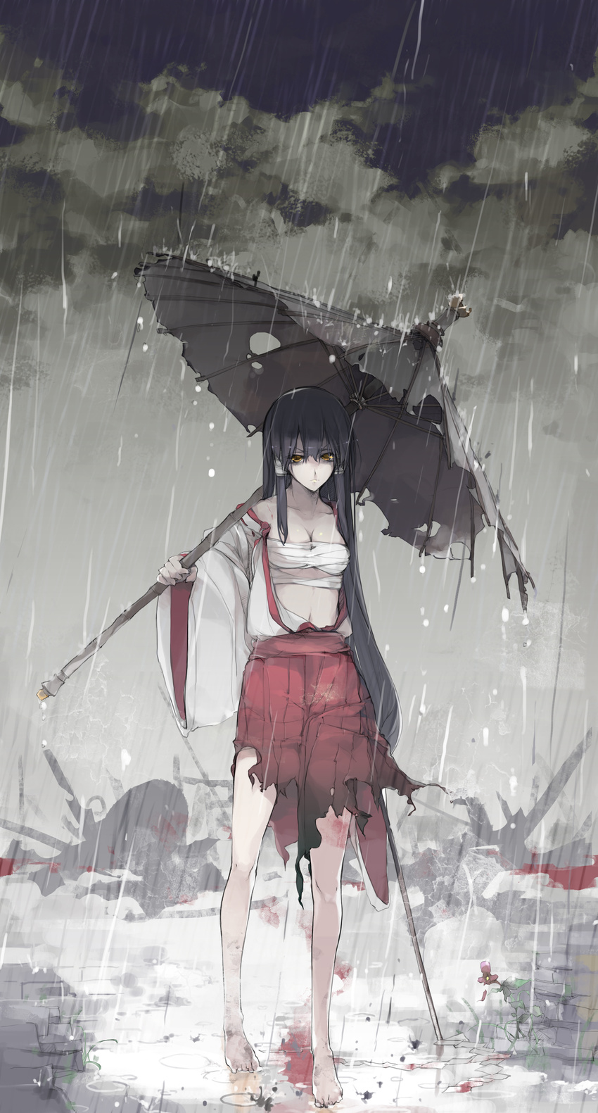 absurdres bad_id bad_pixiv_id bare_shoulders barefoot black_hair breasts cleavage dirty_feet gohei hair_tubes hakama highres japanese_clothes long_hair looking_at_viewer medium_breasts midriff miko off_shoulder open_clothes oriental_umbrella original rain red_hakama sakura_sora sarashi solo standing torn_clothes torn_umbrella umbrella very_long_hair weapon wide_sleeves yellow_eyes