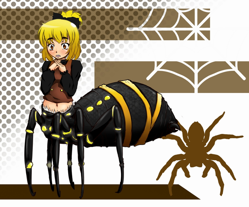 arachne bangs black_shirt blonde_hair blush bow brown_eyes bug eyebrows full_body hair_bow hands_clasped high_ponytail insect_girl interlocked_fingers kurodani_yamame kurodani_yamame_(spider) long_sleeves looking_at_viewer midriff monster_girl navel open_mouth own_hands_together polka_dot polka_dot_background shimuro_(mentsukidou) shirt short_hair short_ponytail solo spider spider_girl spider_web_background standing touhou vest