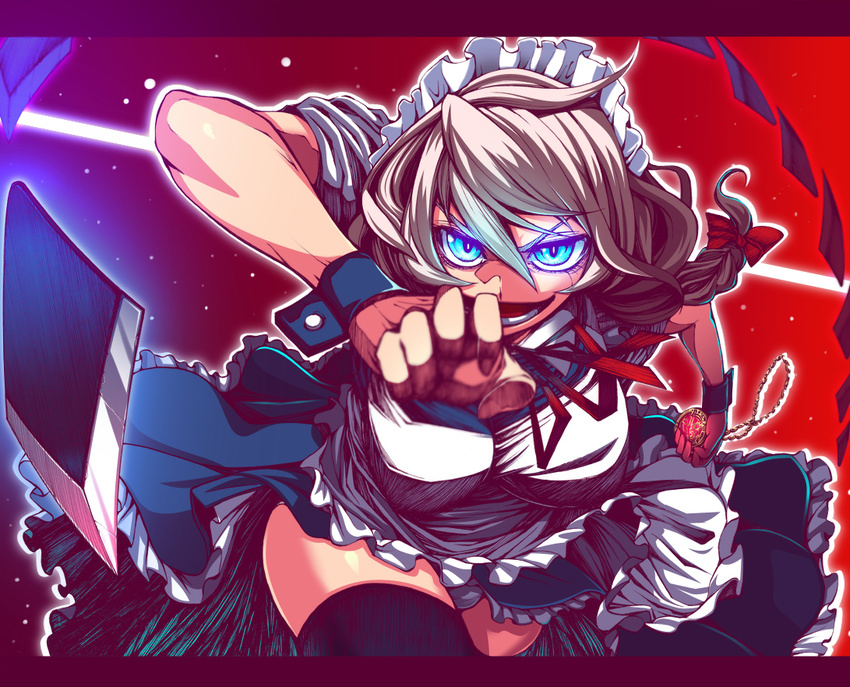 black_legwear blue_eyes bow braid breasts colorized glowing glowing_eyes hair_bow izayoi_sakuya knife large_breasts maid maid_headdress open_mouth panties pantyshot pocket_watch raion-san ribbon short_hair silver_hair solo thighhighs touhou twin_braids underwear uousa-ou watch wrist_cuffs