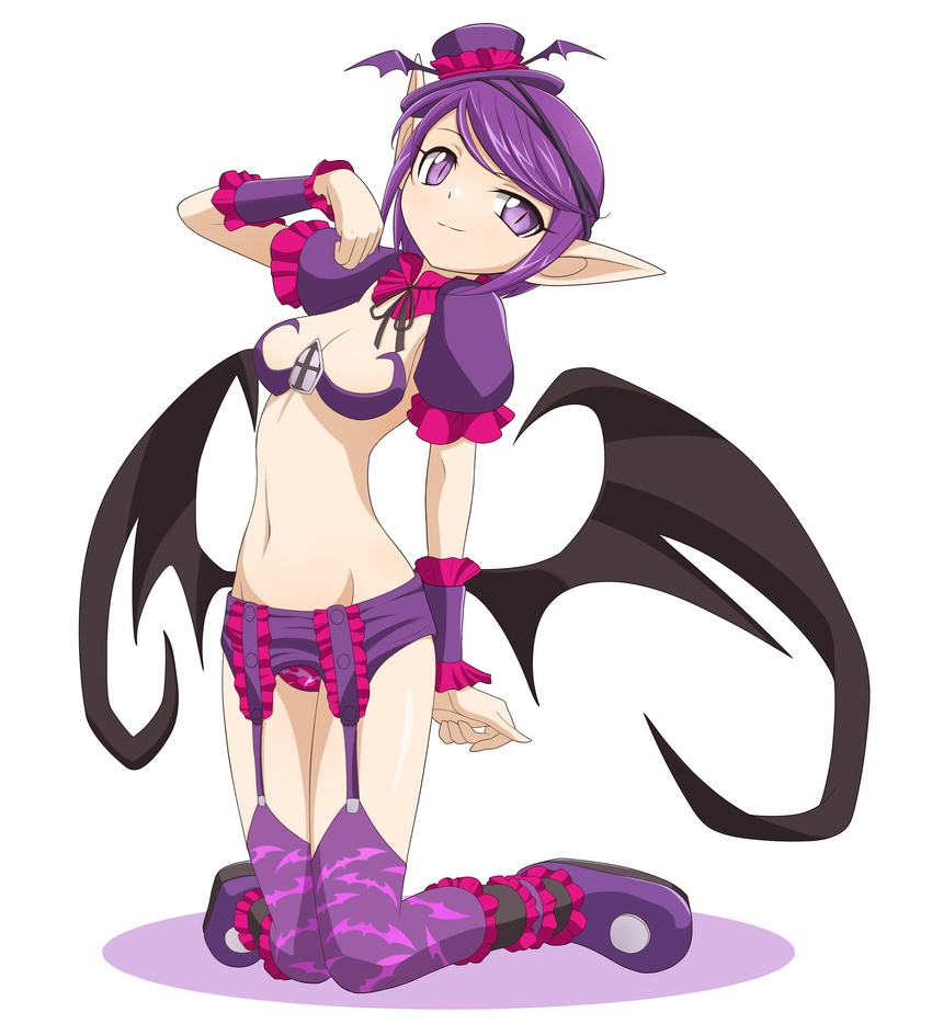 bat_wings clam_curry garter_belt hat highres kneeling lamica mini_hat mini_top_hat pointy_ears purple_eyes purple_hair queen's_blade queen's_blade_spiral_chaos revealing_clothes short_hair solo thighhighs top_hat wings