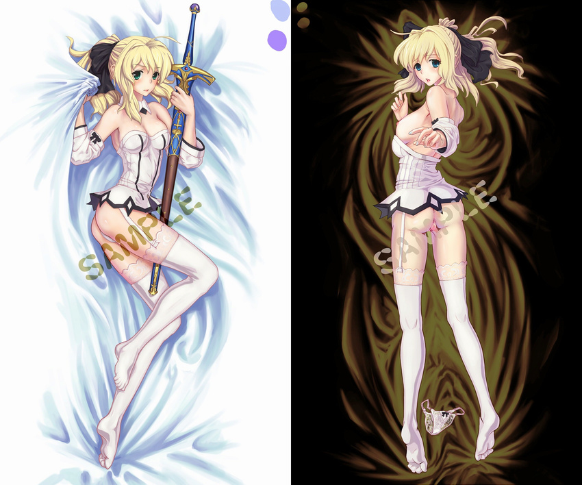 ahoge anus artoria_pendragon_(all) ass bare_shoulders bed_sheet between_thighs blonde_hair blue_eyes blush bow breasts bustier caliburn cleavage covered_nipples dakimakura detached_sleeves fate/stay_night fate/unlimited_codes fate_(series) from_behind garter_straps green_eyes hair_bow kneepits lace lace-trimmed_thighhighs lace_panties legs lingerie looking_back medium_breasts multiple_views nagumo_(qmzp10) nipples panties ponytail pussy saber saber_lily sample scabbard sheath sheathed sheet_grab sword thighhighs underwear weapon white_legwear