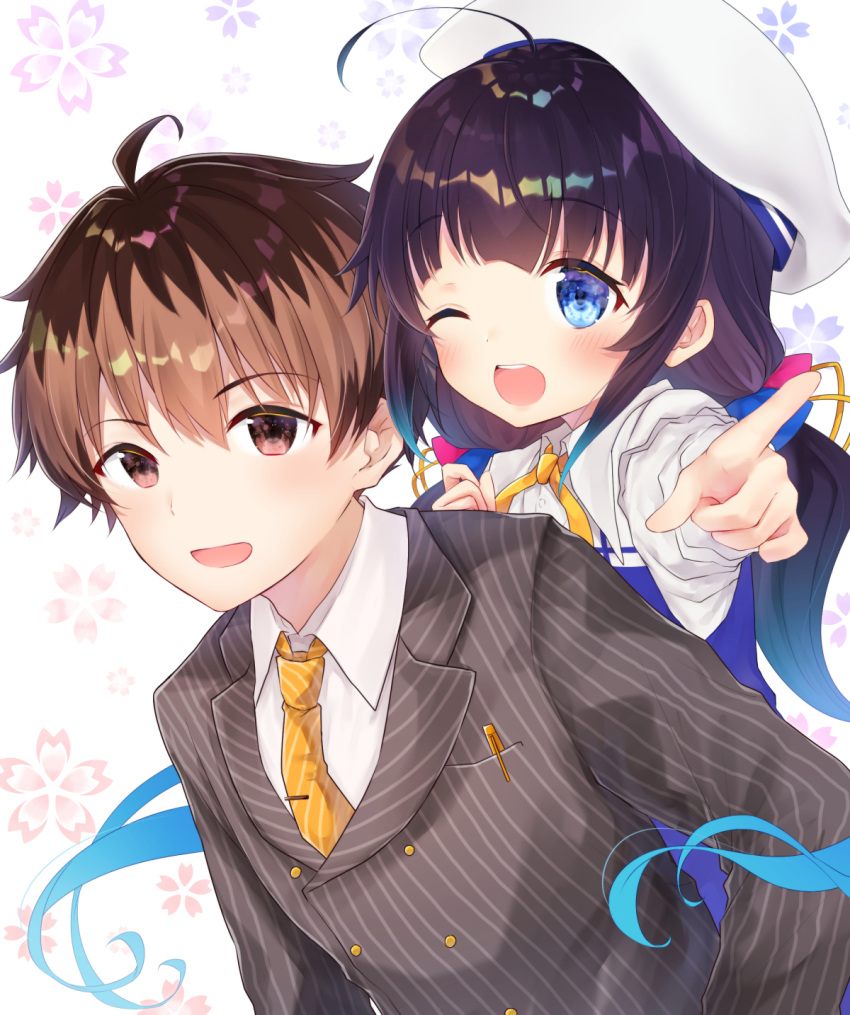 1boy 1girl :d ;d ahoge bangs beret blue_dress blue_eyes blue_hair blush breast_pocket brown_eyes brown_hair brown_jacket collared_shirt commentary_request diagonal-striped_neckwear diagonal_stripes dress eyebrows_visible_through_hair floral_background formal gradient_hair gyozanuko hat highres hinatsuru_ai jacket kuzuryuu_yaichi long_hair long_sleeves low_twintails multicolored_hair necktie one_eye_closed open_mouth orange_neckwear outstretched_arm pinstripe_pattern pinstripe_suit pocket pointing pointing_at_viewer puffy_short_sleeves puffy_sleeves round_teeth ryuuou_no_oshigoto! school_uniform shirt short_over_long_sleeves short_sleeves smile striped striped_neckwear suit teeth tie_clip twintails upper_teeth vertical-striped_jacket very_long_hair white_background white_hat white_shirt
