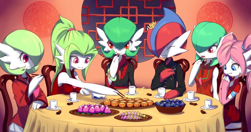 alternate_hair_color alternate_hair_length alternate_hairstyle blue_eyes breasts chair chinese_clothes chopsticks closed_mouth commentary creature creatures_(company) crown cup dress eating english_commentary eyes_closed food gallade game_freak gardevoir gen_3_pokemon gen_4_pokemon green_hair grin happy highres holding holding_chopsticks indoors junjie-oyan medium_breasts nintendo no_humans orange_eyes pecha_berry pink_eyes pink_hair plate pokemon pokemon_(creature) red_dress red_hair sidelocks sitting small_breasts smile table tablecloth tied_hair twintails
