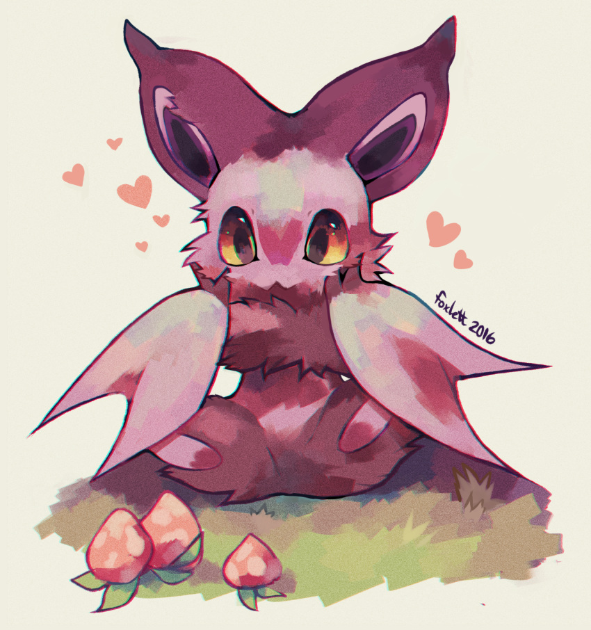 2016 bat creature creatures_(company) deviantart_username foxlett full_body game_freak gen_6_pokemon grass heart highres nintendo no_humans noibat pecha_berry pokemon pokemon_(creature) sepia_background signature simple_background sitting solo