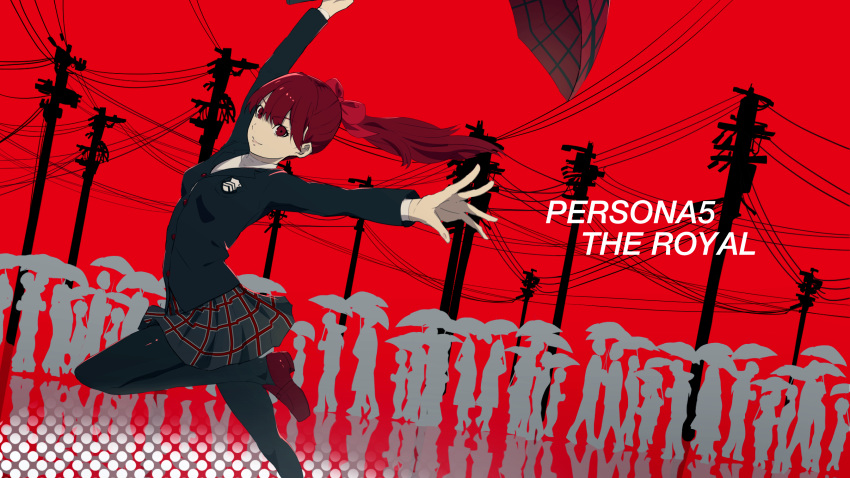 1girl arched_back arms_up black_jacket black_legwear black_skirt blazer bow breasts closed_mouth commentary_request copyright_name crowd dancing emblem hair_bow highres holding holding_umbrella jacket kumamoto_nomii-kun leg_up loafers long_hair long_sleeves outstretched_arms pantyhose persona persona_5 persona_5_the_royal plaid plaid_skirt ponytail red_background red_bow red_eyes red_footwear red_hair reflection school_uniform shoes shuujin_academy_uniform silhouette skirt small_breasts smile solo_focus telephone_pole umbrella yoshizawa_kasumi