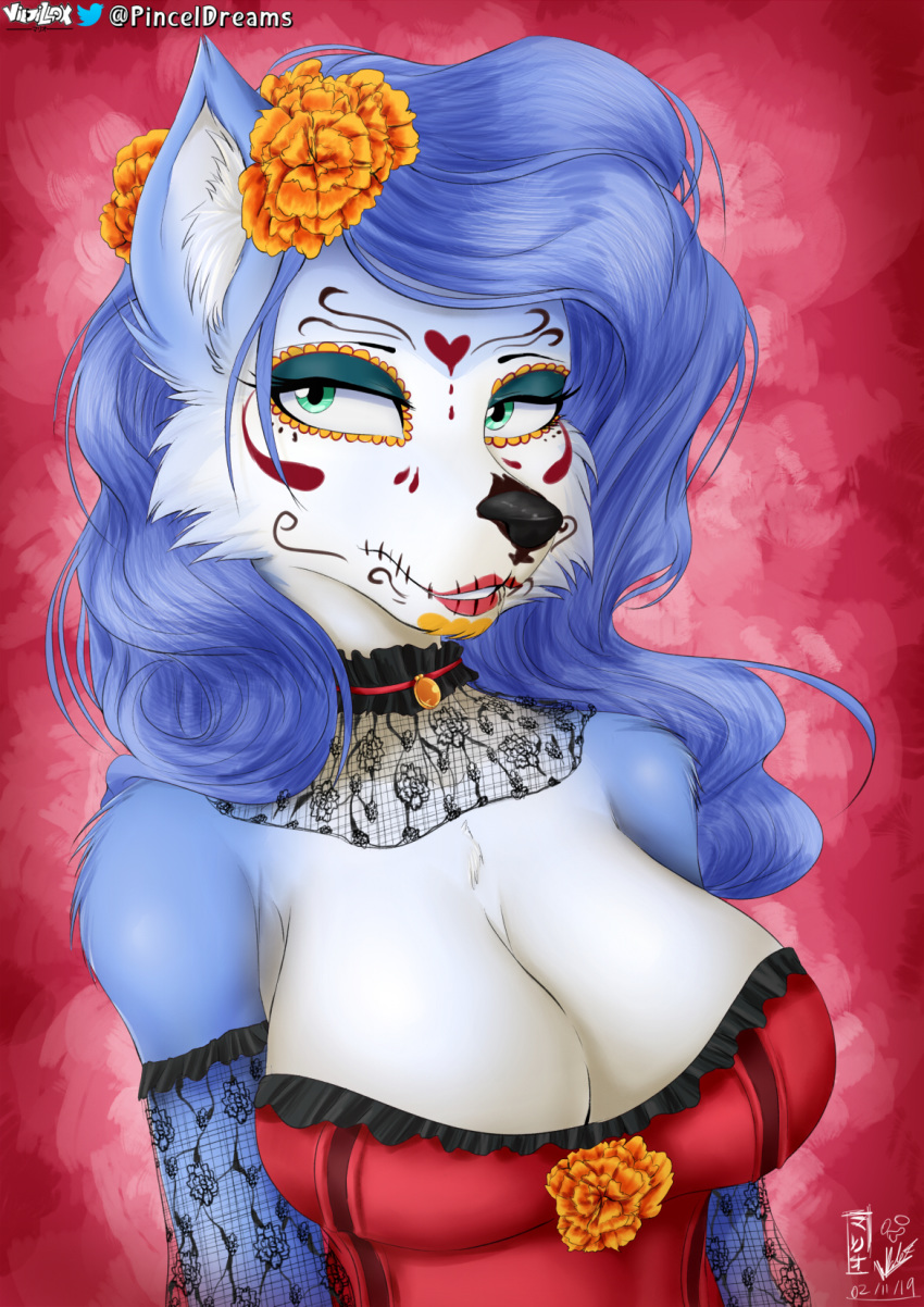 anthro big_breasts bodypaint breasts canid canine day_of_the_dead face_paint female hi_res krystal mammal nintendo skull_face_paint solo star_fox video_games viejillox