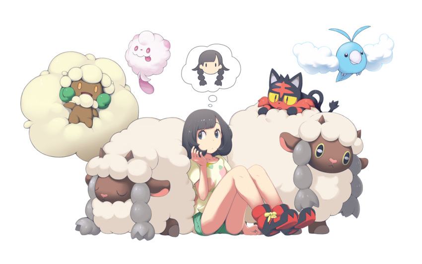 1girl :p arm_support bangs bare_legs black_hair bob_cut closed_eyes floral_print fluffy full_body gen_3_pokemon gen_5_pokemon gen_6_pokemon gen_8_pokemon green_shorts heart holding holding_hair knees_up litten looking_at_another mizuki_(pokemon) mk_(mikka) no_hat no_headwear pokemon pokemon_(creature) pokemon_(game) pokemon_sm red_footwear shirt shoe_soles shoes short_hair short_shorts short_sleeves shorts simple_background sitting spoken_character swablu swept_bangs swirlix t-shirt thought_bubble tied_shirt tongue tongue_out whimsicott white_background wooloo