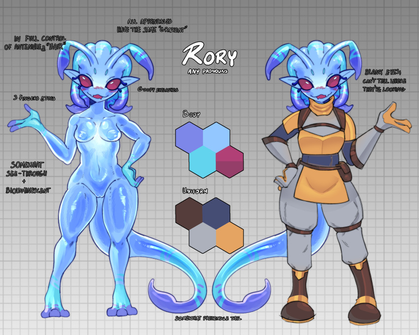 3_toes 5:4 antennae_(anatomy) anthro armor bioluminescence boots breasts circle_eyebrows clothing empty_eyes eyebrows eyelashes feet female footwear genitals glistening glistening_body gloves glowing goo_creature handwear hi_res intersex_(lore) model_sheet nipples nude_anthro pointy_ears rory_(xonn) shoes solo standing tail tentacles thick_eyelashes thick_thighs toes translucent translucent_body vulva xonn