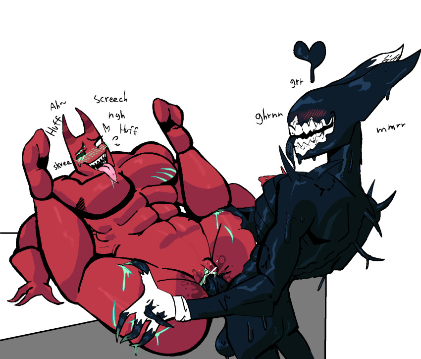 andromorph anonymous_artist balls banban_(garten_of_banban) bendy_and_the_dark_revival bendy_and_the_ink_machine bendy_the_dancing_demon bent_legs big_balls big_penis bite_mark black_cum blood blush blush_lines bodily_fluids claws clay_creature colored_blood colored_cum crossover cum cum_while_penetrated demon duo garten_of_banban genital_fluids genitals green_blood green_vulva growling heart_symbol hellish_banban_(garten_of_banban) hi_res humanoid ink_demon ink_monster intersex intersex/male legs_up male missing_eye moan multicolored_body muscular muscular_intersex on_platform penetration penis red_body scar scratch_mark simple_background skinny_male spread_legs spreading teeth tongue tongue_out unusual_blood unusual_bodily_fluids unusual_cum unusual_genital_fluids vaginal vaginal_penetration vulva white_background white_eyes