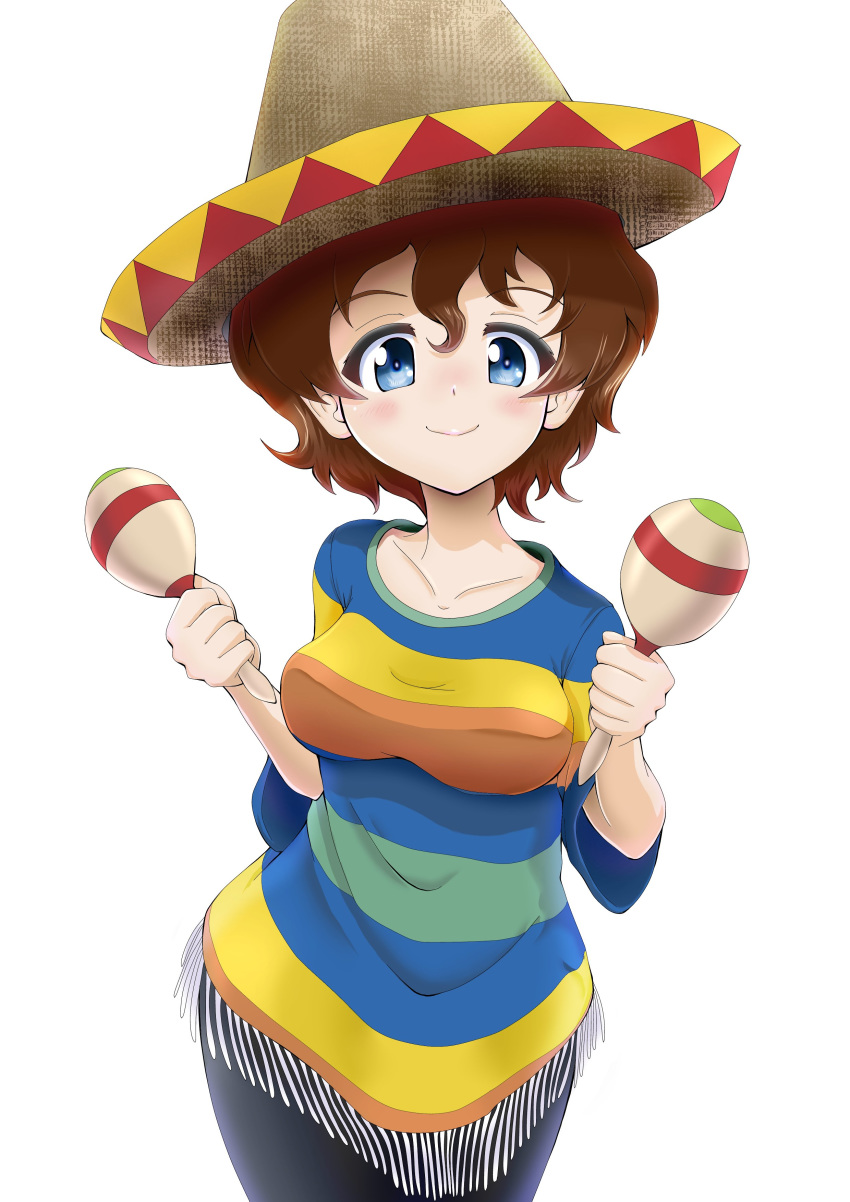 1girl absurdres akaboshi_koume bangs black_pants blue_eyes brown_hair brown_headwear closed_mouth commentary_request cowboy_shot daxz240r fringe_trim girls_und_panzer hat highres holding instrument light_blush looking_at_viewer maracas multicolored multicolored_stripes pants shirt short_hair short_sleeves simple_background smile solo sombrero standing striped striped_shirt wavy_hair white_background