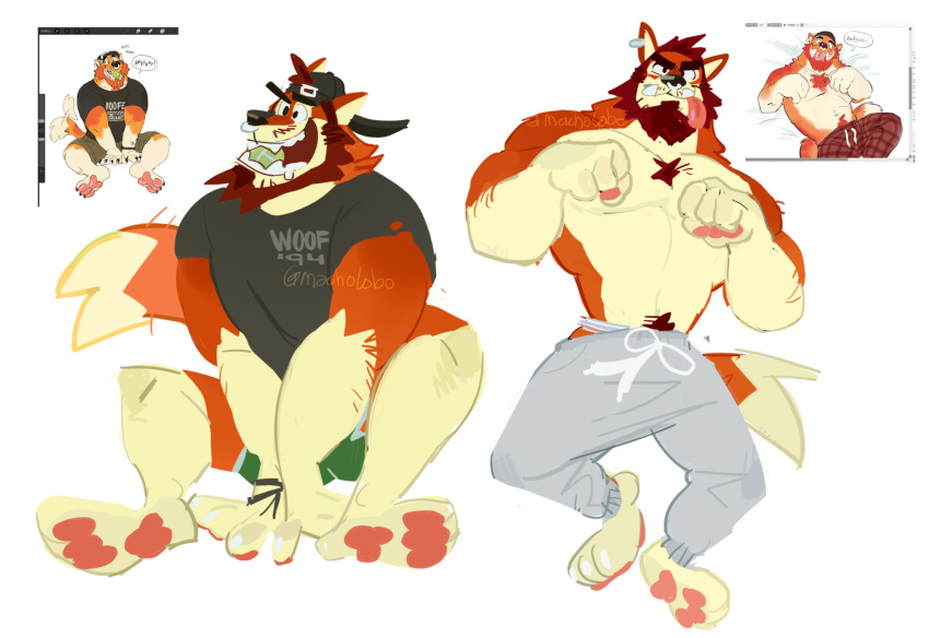 anthro athlete backwards_baseball_cap backwards_cap backwards_hat barazoku barefoot baseball_cap beard belly_hair belly_tuft biceps big_muscles big_pecs body_hair bottomwear boxing canid canine canis chest_hair chest_tuft claws clothed clothing drawstring drawstring_bottomwear drawstring_pants ear_piercing facial_hair facial_piercing feet fighting_pose fist fur green_bottomwear green_clothing green_shorts grey_baseball_cap grey_bottomwear grey_clothing grey_hat grey_headwear grey_pants grey_shirt grey_topwear hair happy_trail hat headgear headwear hi_res jogging_pants macholobo male mammal manly muscular muscular_anthro muscular_arms muscular_male muscular_thighs nipples nonbinary_(lore) nose_piercing nose_ring orange_body orange_fur pants pawpads pecs piercing pose raised_fist raised_hand red_beard red_body red_chest_hair red_facial_hair red_fur red_hair red_sideburns ring_piercing shirt shorts sideburns simple_background solo sport standing tail tail_motion tailwag thick_arms thick_thighs tongue tongue_hanging_out tongue_out topless topless_anthro topless_male topwear tuft white_background wolf yellow_body yellow_fur