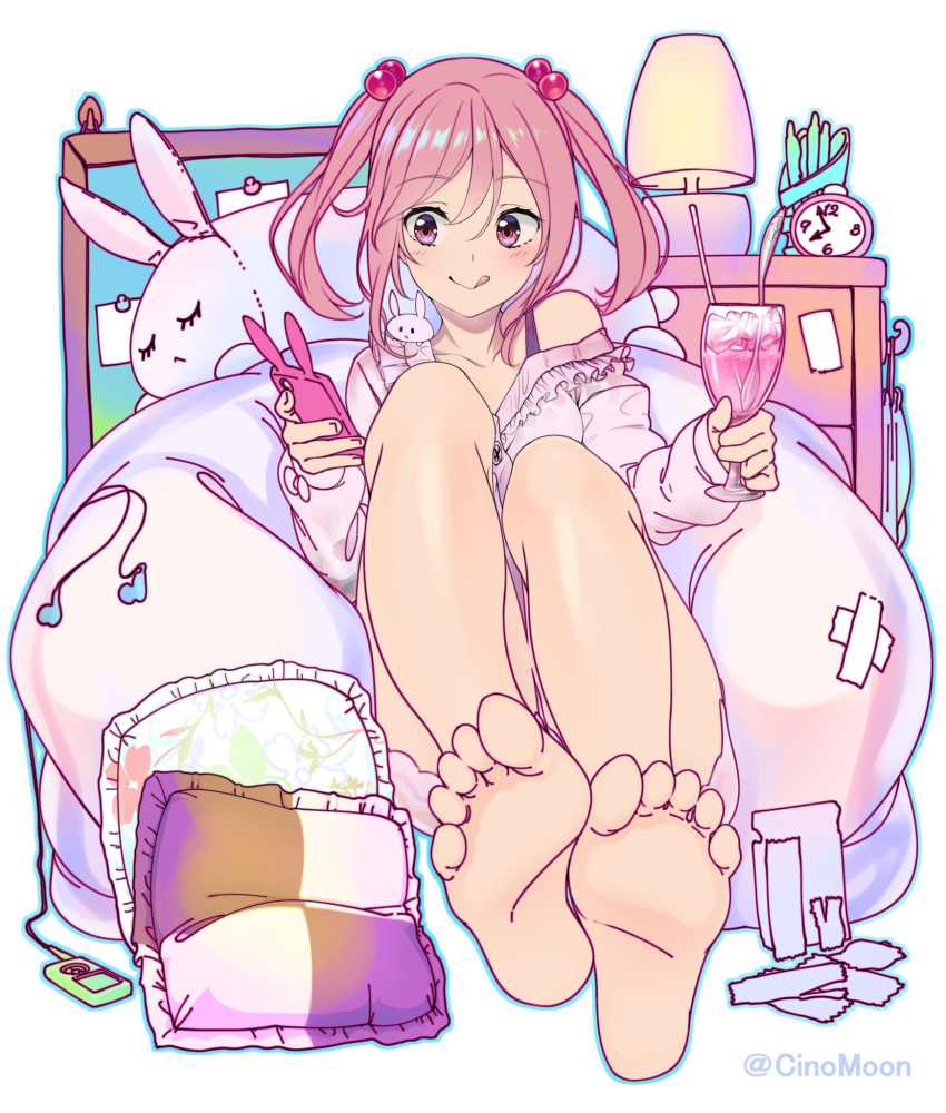 1girl :p animal_ears bangs bare_legs barefoot bean_bag_chair blush board bunny bunny_ears cellphone clock cup desk_lamp drawer dress drink drinking_glass drinking_straw earphones eyebrows eyebrows_visible_through_hair eyelashes feet hair_between_eyes hair_bobbles hair_ornament highres holding holding_cup holding_phone ice ice_cube kantai_collection lamp legs legs_together long_sleeves looking_at_phone media_player off_shoulder pencil_case phone phone_with_ears pillow pink_dress pink_eyes pink_hair sazanami_(kantai_collection) shinomu_(cinomoon) short_hair sidelocks sitting smartphone smartphone_case soles solo spoon stuffed_animal stuffed_bunny stuffed_toy toes tongue tongue_out twintails twitter_username white_background