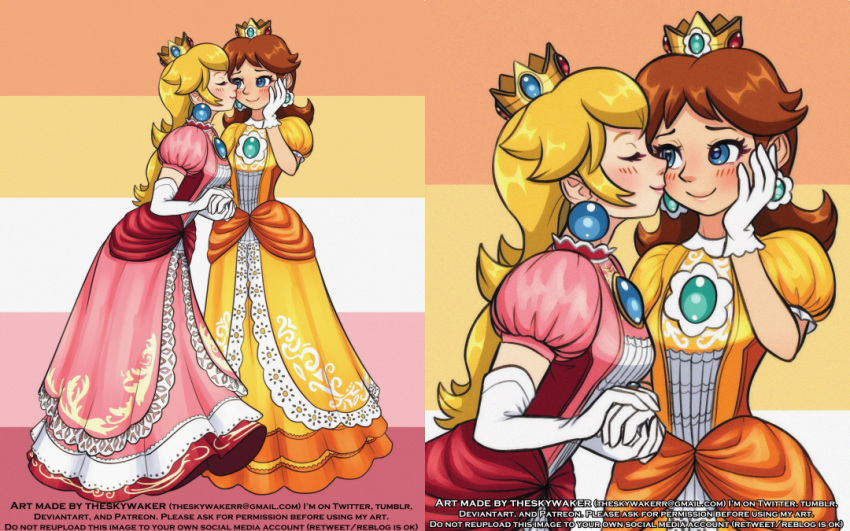 2girls blonde_hair blue_eyes blush brooch brown_hair cheek_kiss closed_eyes crown dress earrings elbow_gloves eyelashes gloves hand_on_own_face holding_hands jewelry kiss long_hair looking_at_another mario_(series) medium_hair mini_crown multiple_girls pink_dress princess_daisy princess_peach theskywaker white_gloves yellow_dress yuri