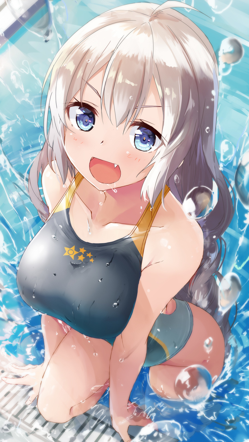 1girl :d ahoge arm_support blue_eyes blue_swimsuit braid breasts commentary competition_swimsuit daidou_(demitasse) fang from_above highres kizuna_akari large_breasts leg_up long_hair looking_at_viewer one-piece_swimsuit open_mouth poolside silver_hair smile solo swimsuit v-shaped_eyebrows very_long_hair vocaloid voiceroid wading water water_drop
