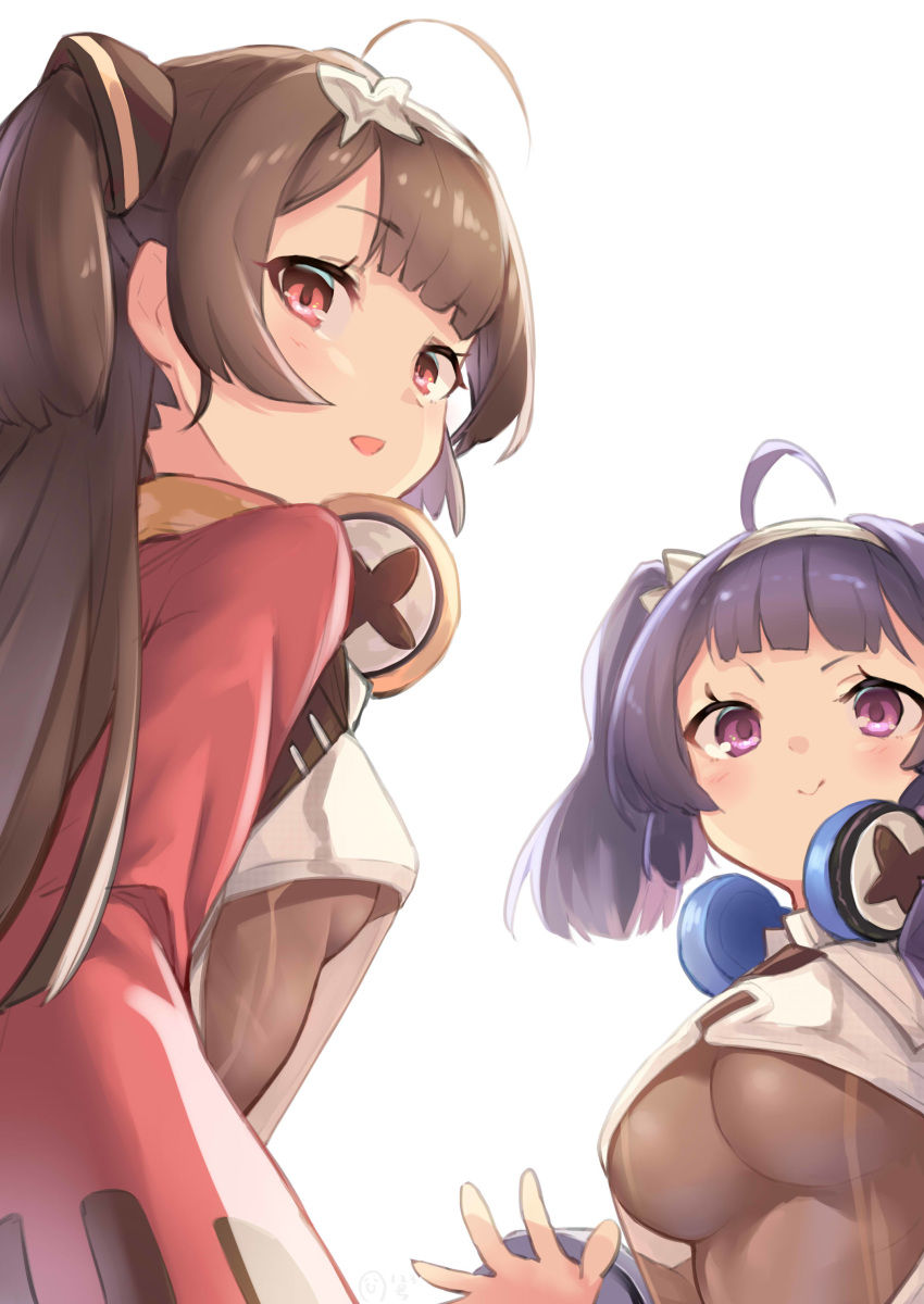 2girls absurdres ahoge alternate_costume azur_lane bangs blunt_bangs blush breasts brown_hair closed_mouth eyebrows_visible_through_hair hairband hand_up headphones headphones_around_neck highres kizibato123go large_breasts long_hair long_sleeves looking_at_viewer looking_back multiple_girls ning_hai_(azur_lane) ning_hai_(dragon_sisters!)_(azur_lane) no_bra open_mouth ping_hai_(azur_lane) ping_hai_(dragon_sisters!)_(azur_lane) purple_eyes purple_hair raised_eyebrow red_eyes see-through sidelocks signature simple_background small_breasts smile underboob upper_body white_background white_hairband