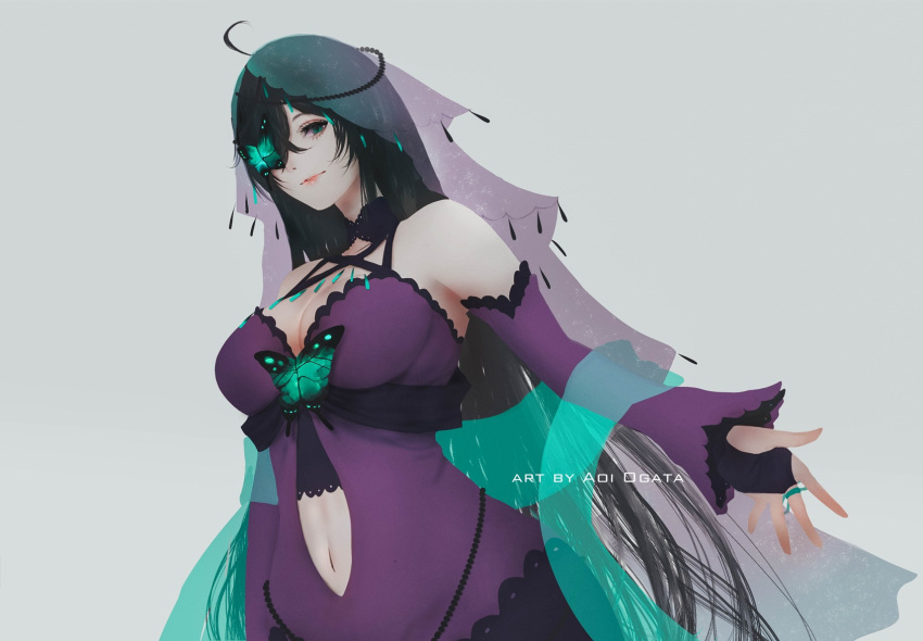 1girl ahoge aoi_ogata artist_name bangs bare_shoulders black_hair breasts bridal_gauntlets cleavage commentary commission detached_sleeves dress english_commentary green_eyes grey_background hair_over_one_eye highres long_hair long_sleeves looking_at_viewer medium_breasts navel navel_cutout original parted_lips purple_dress purple_sleeves see-through shawl simple_background sleeves_past_wrists solo veil very_long_hair wide_sleeves