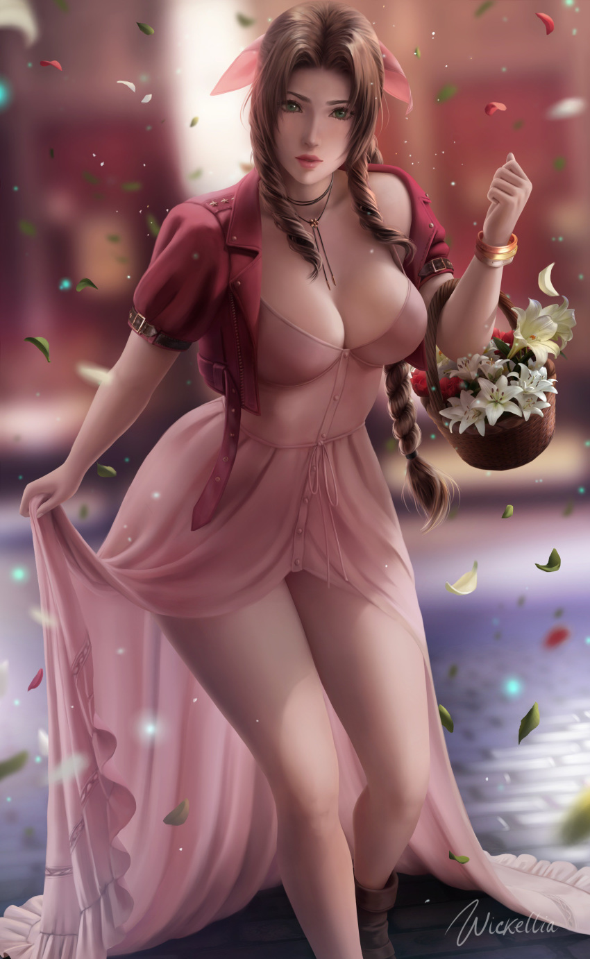 1girl absurdres aerith_gainsborough artist_name bangle basket blurry bolo_tie boots bow bracelet braid braided_ponytail breasts brown_footwear brown_hair cleavage cropped_jacket depth_of_field dress drill_hair feet_out_of_frame final_fantasy final_fantasy_vii final_fantasy_vii_remake flower flower_basket green_eyes hair_bow hand_up highres jacket jewelry large_breasts leaf legs lily_(flower) lipstick long_dress long_hair looking_at_viewer makeup mascara off_shoulder parted_lips petals pink_dress pink_lips red_jacket sett short_sleeves sidelocks single_braid skirt_hold sleeveless sleeveless_dress solo spaghetti_strap strap_gap twin_drills walking wickellia
