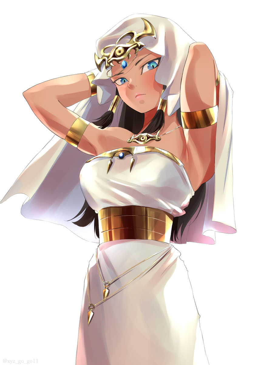 1girl absurdres armlet arms_behind_head backlighting belt black_hair blue_eyes bracelet closed_mouth commentary_request dark_skin dress egyptian expressionless gold_bracelet hair_tubes highres ishizu_ishtar jewelry looking_at_viewer millennium_necklace oze_(xyz_go_go11) partial_commentary solo standing strapless strapless_dress twitter_username veil white_dress yuu-gi-ou