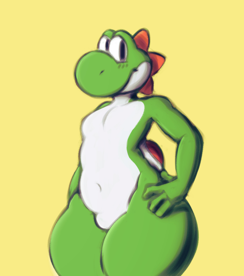 4_fingers absurd_res anthro belly fingers green_yoshi hi_res looking_at_viewer male mario_bros navel nintendo reptile scalie simple_background smile solo thick_thighs video_games vun yoshi