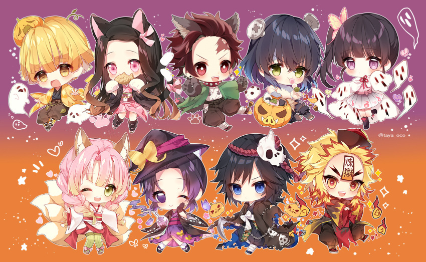 4girls 5boys :d ;) ;d agatsuma_zenitsu animal_ear_fluff animal_ears bangs black_footwear black_gloves black_hair black_headwear black_kimono black_legwear black_pants blonde_hair blue_eyes blue_hair blush boots bow braid brown_background brown_hair brown_pants butterfly_hair_ornament chain chibi closed_mouth commentary_request dango diamond-shaped_pupils eating eyebrows_visible_through_hair facial_scar fangs food forehead forehead_scar fox_ears fox_girl fox_tail ghost ghost_costume gloves gradient gradient_background gradient_hair green_eyes green_hair green_legwear hair_between_eyes hair_ornament hakama_pants halloween halloween_basket hand_on_own_face hand_up hashibira_inosuke hat heart hitodama holding holding_food holding_weapon jack-o'-lantern japanese_clothes jiangshi kamado_nezuko kamado_tanjirou kanroji_mitsuri kemonomimi_mode kimetsu_no_yaiba kimono knee_boots kochou_shinobu kyuubi long_hair long_sleeves looking_at_viewer mask mask_on_head mouth_hold multicolored_hair multiple_boys multiple_girls multiple_tails notice_lines obi ofuda one_eye_closed onigiri open_clothes open_mouth outstretched_arms pants parted_bangs paw_gloves paw_pose paws pink_bow pink_eyes pink_hair pink_kimono pleated_skirt print_kimono puffy_pants pumpkin_hat purple_background purple_eyes purple_hair purple_kimono qing_guanmao red_eyes red_hair red_headwear red_ribbon rengoku_kyoujurou ribbon round-bottom_flask round_teeth sakura_mochi sanshoku_dango sash scar screw screw_in_head senbei shirtless sickle side_ponytail skirt skull_mask sleeves_past_fingers sleeves_past_wrists smile sparkle spread_arms standing standing_on_one_leg star striped striped_legwear symbol-shaped_pupils tail taiyaki taya_5323203 teeth thighhighs tomioka_giyuu torn_clothes tsuyuri_kanao twin_braids twitter_username two-tone_hair upper_teeth v-shaped_eyebrows vertical-striped_legwear vertical_stripes very_long_hair wagashi weapon white_gloves white_kimono white_legwear white_skirt wide_sleeves witch_hat wolf_boy wolf_ears wolf_tail yellow_eyes zombie_pose