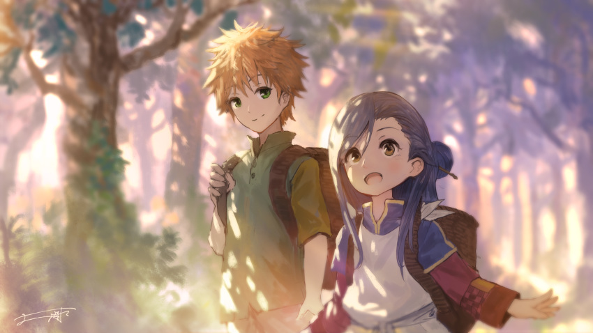 1boy 1girl absurdres apron backpack bag blonde_hair blue_hair blurry blush brown_eyes child commentary dappled_sunlight depth_of_field forest green_eyes hair_bun hair_ornament hairpin highres honzuki_no_gekokujou long_hair looking_at_another lutz_(honzuki_no_gekokujou) maine_(honzuki_no_gekokujou) nature open_mouth signature smile spiked_hair sunlight walking you_shimizu