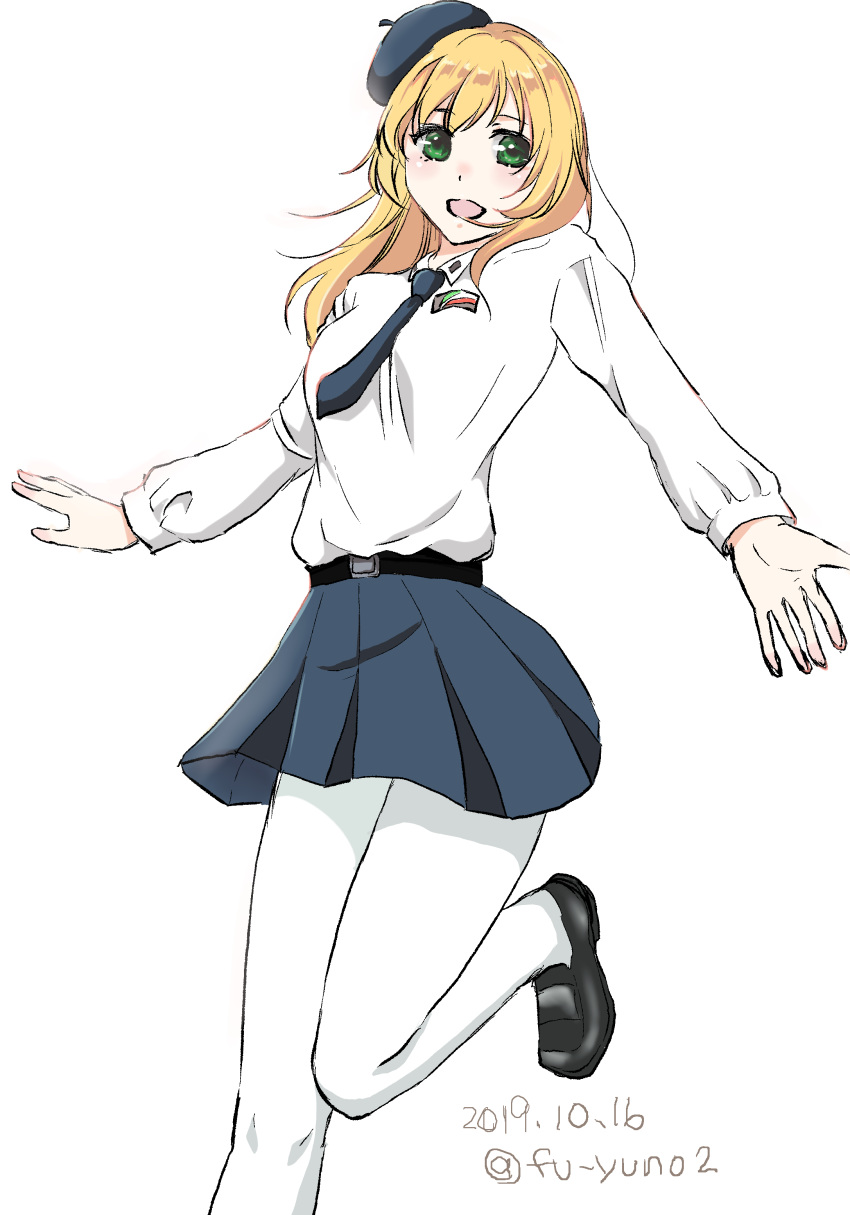 1girl 2019 absurdres anzio_school_uniform beret black_neckwear blonde_hair blush carpaccio dated emblem girls_und_panzer green_eyes grey_skirt hat highres loafers long_hair necktie school_uniform shoes sketch skirt smile solo standing standing_on_one_leg touma_(tsunamiharuru) twitter_username