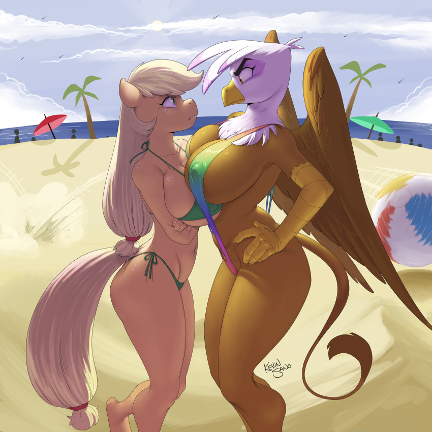 1:1 2019 absurd_res angry anthro anthrofied applejack_(mlp) asymmetrical_breast_frottage avian ball beach beach_ball big_breasts bikini blonde_hair breast_squish breasts breasts_frottage brown_body brown_eyes brown_fur clothing cloud crossed_arms digital_media_(artwork) duo earth_pony equid equine eye_contact feathers female freckles friendship_is_magic fur gilda_(mlp) green_eyes gryphon hair hands_on_hips hi_res horse kevinsano long_hair looking_at_another mammal my_little_pony nipple_outline pony ponytail purple_body purple_feathers seaside signature sling_bikini squish standing swimwear white_body white_feathers wings