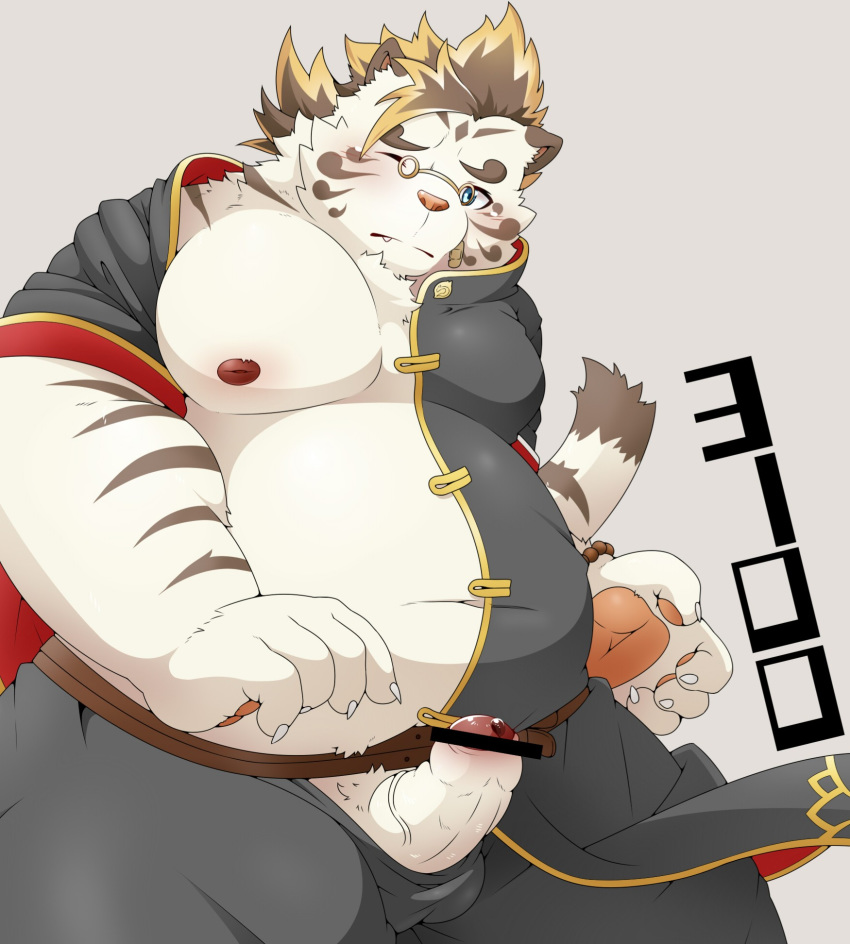 2019 anthro belly blue_eyes blush bottomwear bulge censored clothing cute_fangs erection eyewear felid glasses hi_res humanoid_hands humanoid_penis licho_(tas) male mammal moobs nipples one_eye_closed overweight overweight_male pantherine pants penis pomupomu490 simple_background solo tiger tokyo_afterschool_summoners video_games wink