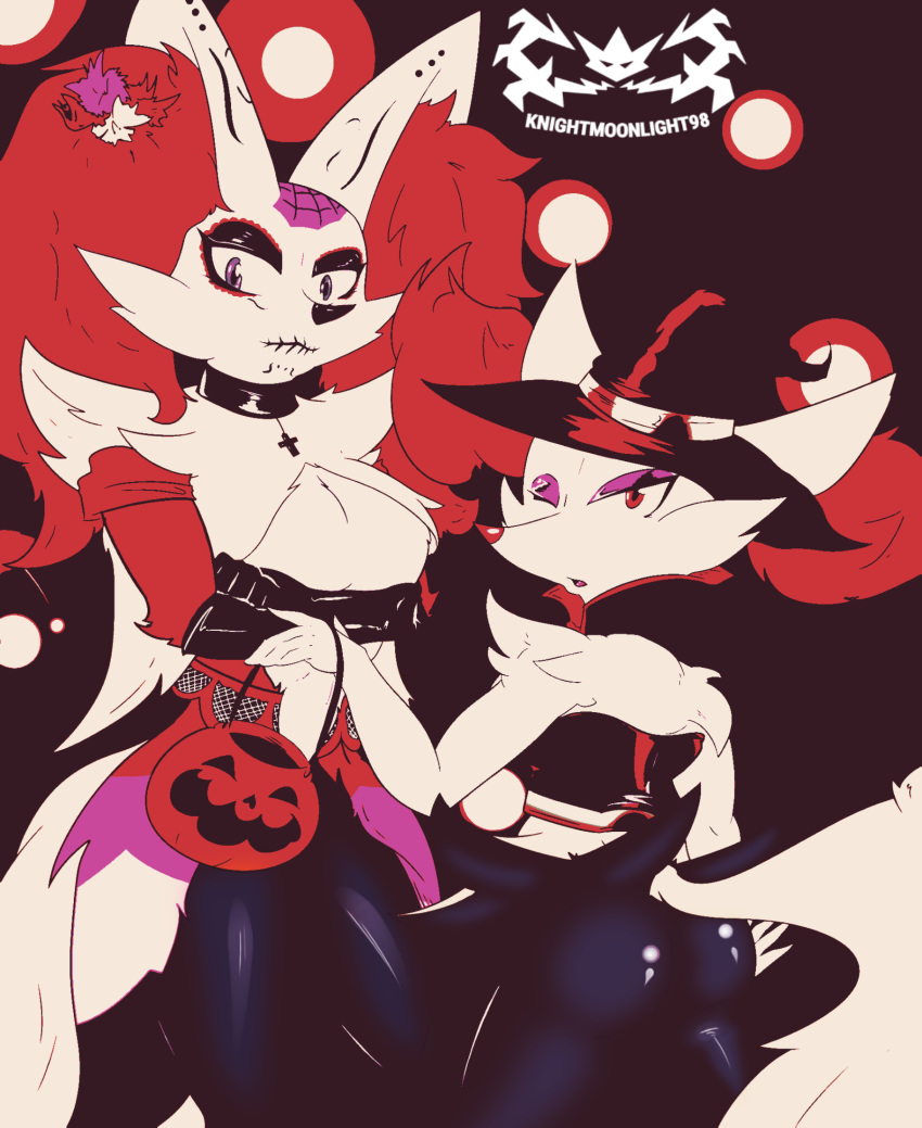 2019 alternate_color anthro bodypaint braixen breasts butt canid canine clothing collar cross day_of_the_dead delphox digital_media_(artwork) dress duo face_paint female fingers flower food fruit fur hair halloween hat headgear headwear hi_res holidays inner_ear_fluff jewelry knightmoonlight98 looking_at_viewer magic_user makeup mammal multicolored_body multicolored_fur necklace nintendo open_mouth plant pok&eacute;mon pok&eacute;mon_(species) pumpkin rose_(flower) seductive simple_background skull_face_paint sugar_skull tongue tuft video_games white_body white_fur witch witch_hat yellow_body yellow_fur