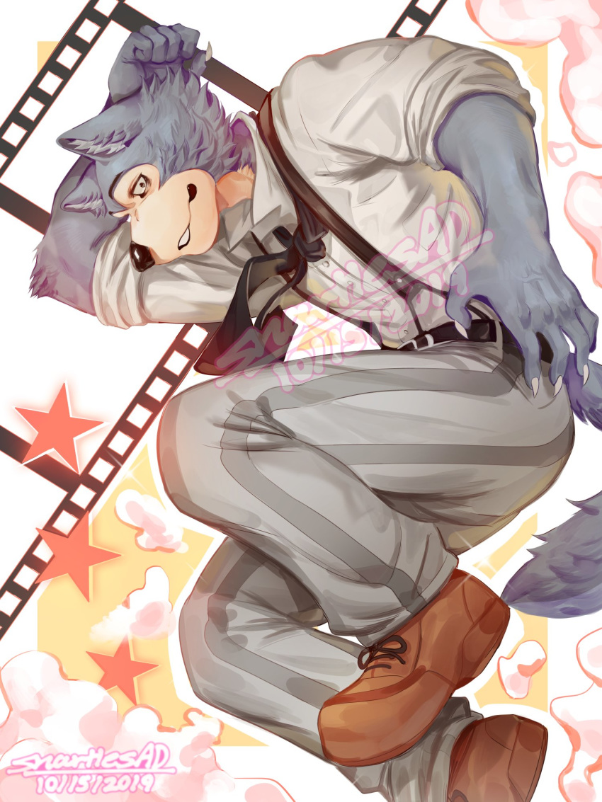2019 baggy_eyes beastars blue_body blue_fur canid canine canis claws clothed clothing fully_clothed fur hi_res jumping legosi_(beastars) looking_aside male mammal necktie rolled_up_sleeves signature snartles solo suspenders watermark wolf