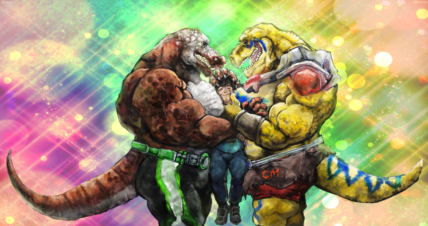 2016 anthro aokmaidu belt biceps biped black_hair blush bottomwear brown_body brown_skin claws clothed clothing colorful colorful_background digital_drawing_(artwork) digital_media_(artwork) dinosaur eyes_closed group hair hand_on_head happy hi_res hug human lifted male male/male mammal markings muscular muscular_arms overweight overweight_male reptile scalie sharp_teeth shorts signature size_difference smile squish teeth thick_neck topless yellow_body yellow_skin