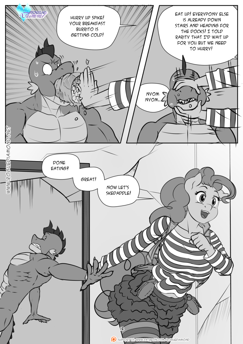 anthro anthrofied burrito clothing comic dialogue dragging dragon eating english_text equid equine explosives force_feeding forced friendship_is_magic grenade hi_res horse mammal monochrome my_little_pony nude pia-sama pinkie_pie_(mlp) pony spike_(mlp) text weapon