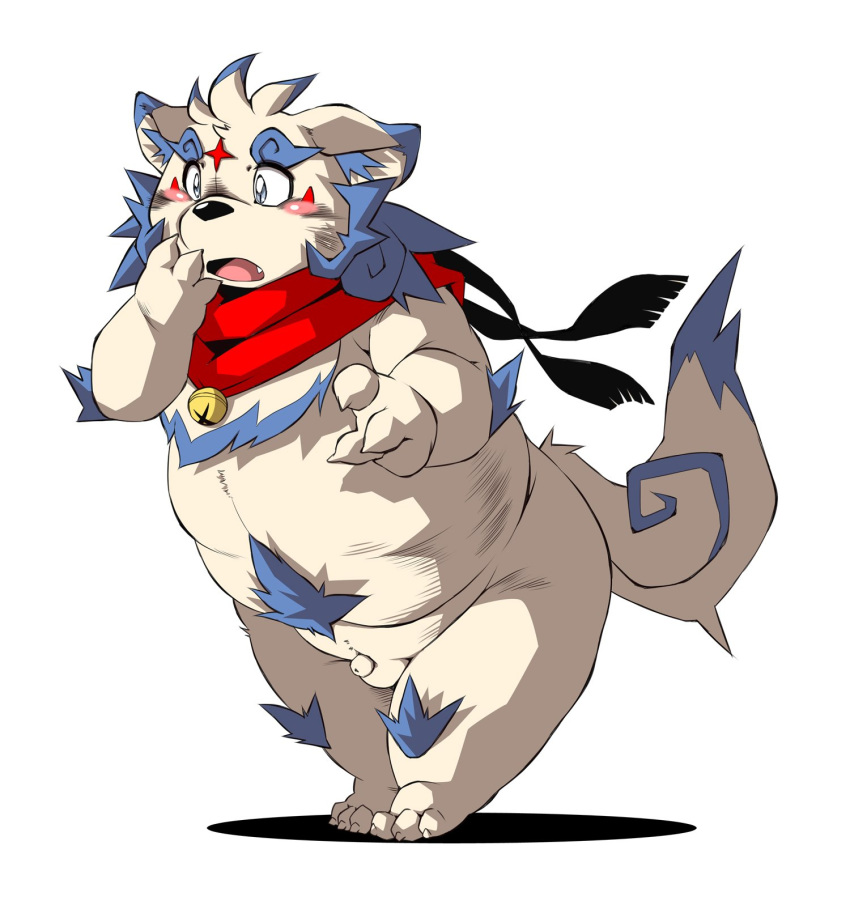 2018 agyou anthro asian_mythology balls belly blush chibineco east_asian_mythology flaccid foo_dog fur hi_res humanoid_hands japanese_mythology komainu male mammal mythology overweight overweight_male penis simple_background solo tokyo_afterschool_summoners video_games white_background white_body white_fur yōkai