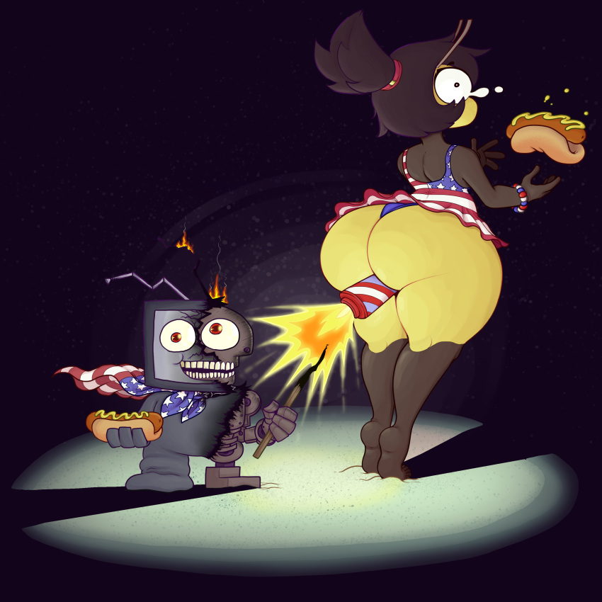 2019 4_fingers absurd_res antennae_(anatomy) arthropod bee big_butt bodily_fluids butt cape clothing dress fingers fire fireworks food for_a_head hair hi_res hot_dog huge_butt hymenopteran insect karri machine object_head panties ponytail red_eyes robot sandwich_(food) screen screen_face screen_head smile stars_and_stripes tears teeth television thick_thighs tv_head underwear united_states_of_america vendant
