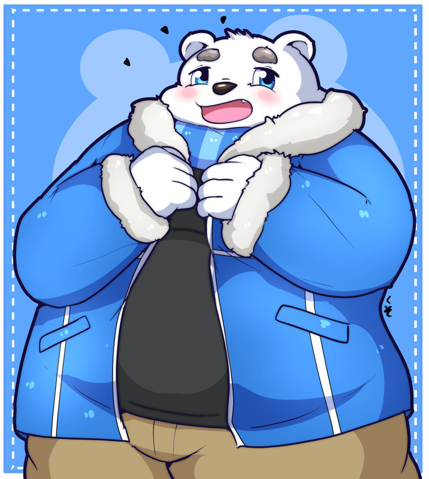 2019 anthro blue_eyes blush bottomwear clothing fur hi_res kusosensei male mammal overweight overweight_male pants polar_bear shirane_kan shirt simple_background solo sweater topwear ursid ursine utau white_body white_fur