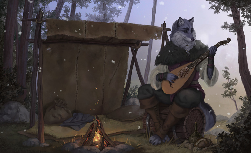 2019 4_toes 5_fingers ambiguous_gender anthro biped black_nose canid canine canis day detailed_background digital_media_(artwork) eyebrows eyelashes fingers forest fur grass holding_musical_instrument holding_object mammal musical_instrument outside purple_body purple_fur raventenebris sitting solo toes tree wolf