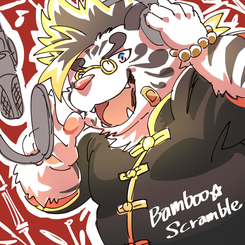 1:1 2019 anthro belly cute_fangs eyewear felid fur glasses hi_res humanoid_hands licho_(tas) male mammal nikunabe1989 pantherine simple_background solo tiger tokyo_afterschool_summoners video_games white_body white_fur