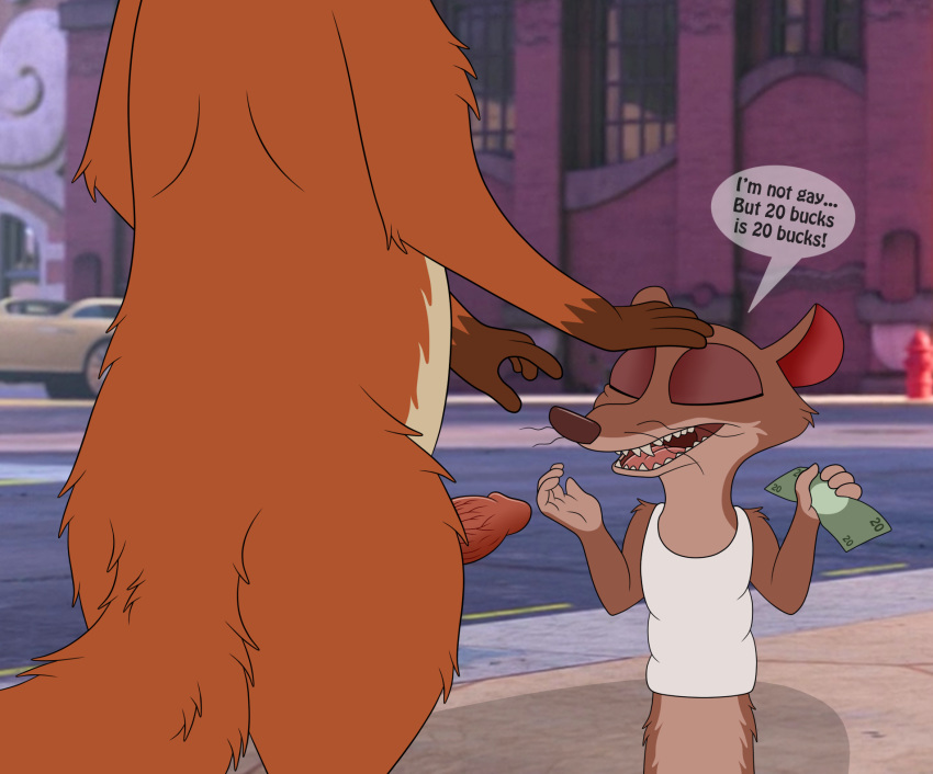 anthro canid canine disney duke_weaselton erection eyes_closed fluffy fluffy_tail fox hi_res male male/male mammal money mustela mustelid musteline nick_wilde open_mouth oral pay paying penis size_difference skateryena zootopia