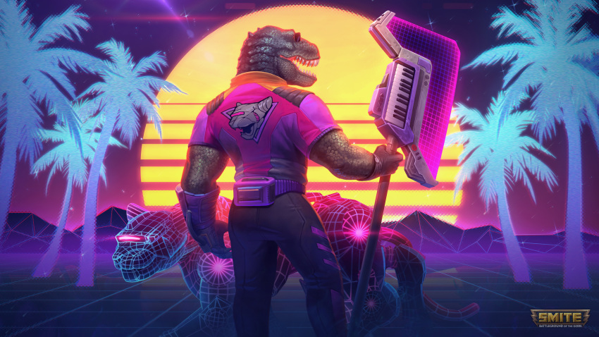 16:9 4k absurd_res ambiguous_gender anthro biped chaac_(smite) clothing dinosaur eyewear felid feral gloves grid handwear hi_res keytar male mammal mountain musical_instrument official_art open_mouth palm_tree pantherine quadruped reptile scalie smite sun sunglasses theropod tree tyrannosaurid tyrannosaurus tyrannosaurus_rex unknown_artist vaporwave