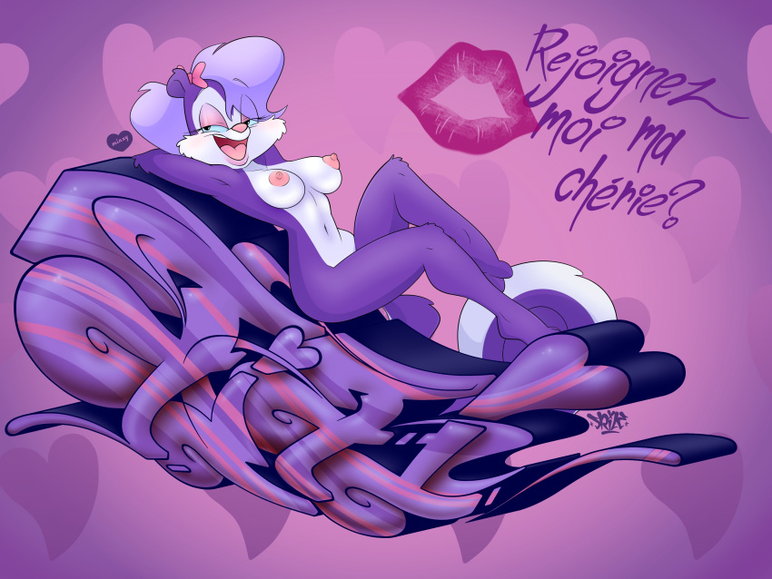 &lt;3 absurd_res bow female fifi_la_fume french_text fur hair hi_res kiss_mark looking_at_viewer mammal mephitid minxydoodle nipples nude open_mouth purple_body purple_fur purple_hair skunk solo text tiny_toon_adventures translucent translucent_hair warner_brothers white_body white_fur