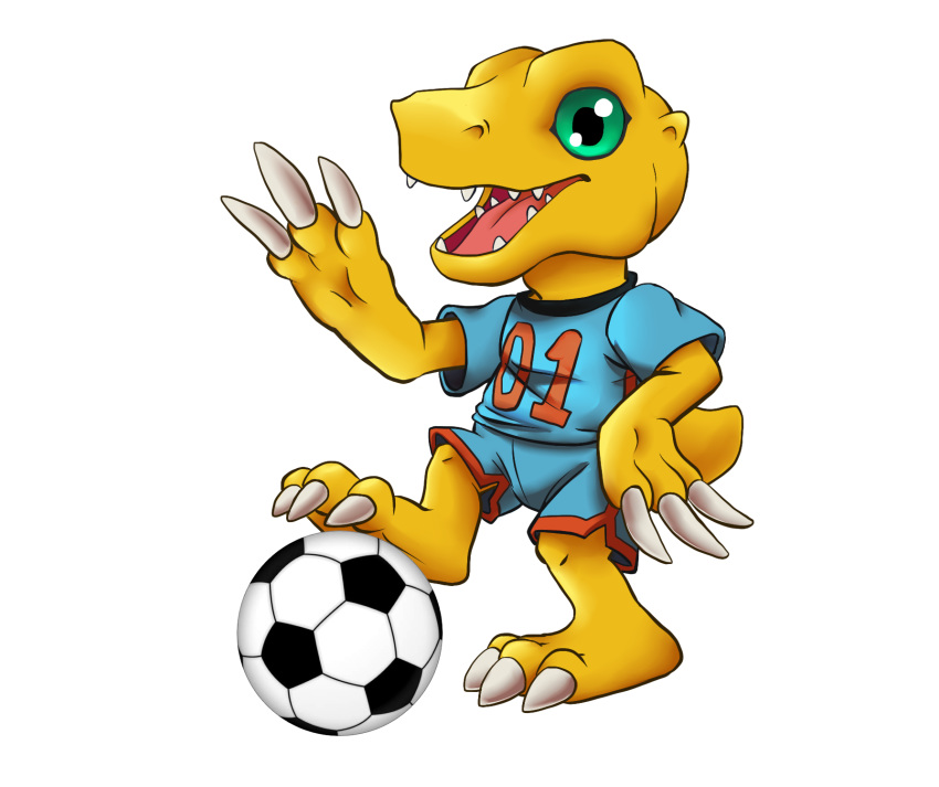 agumon ball bottomwear clothing digimon digimon_(species) football_(disambiguation) hi_res kitsune2000 male shorts sportswear vihor405