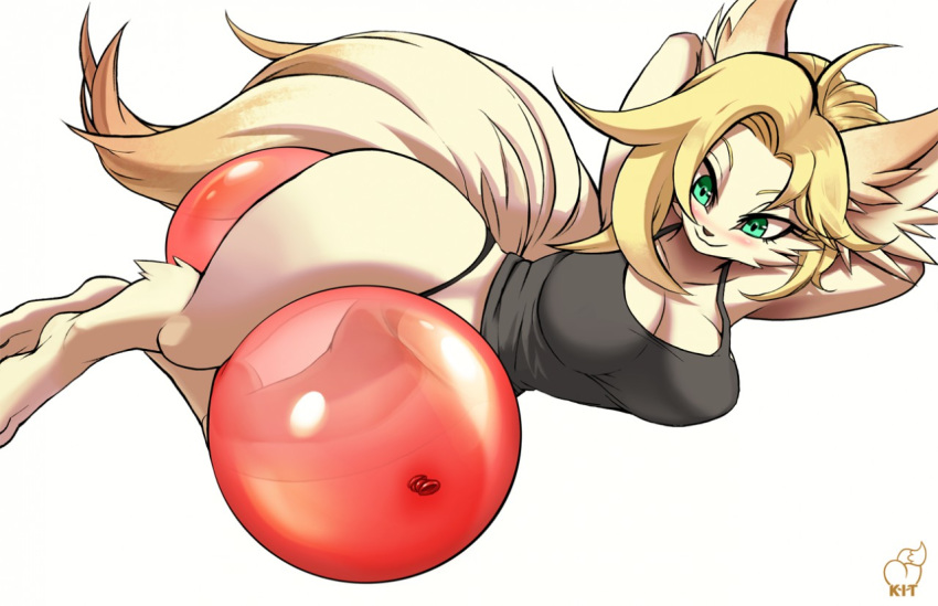 anthro balloon big_butt blanche blush bottomwear breasts brown_nose butt canid canine clothing female fox green_eyes hair kittellox_(artist) mammal panties shirt simple_background smile solo tank_top thick_thighs thigh_crush topwear underwear