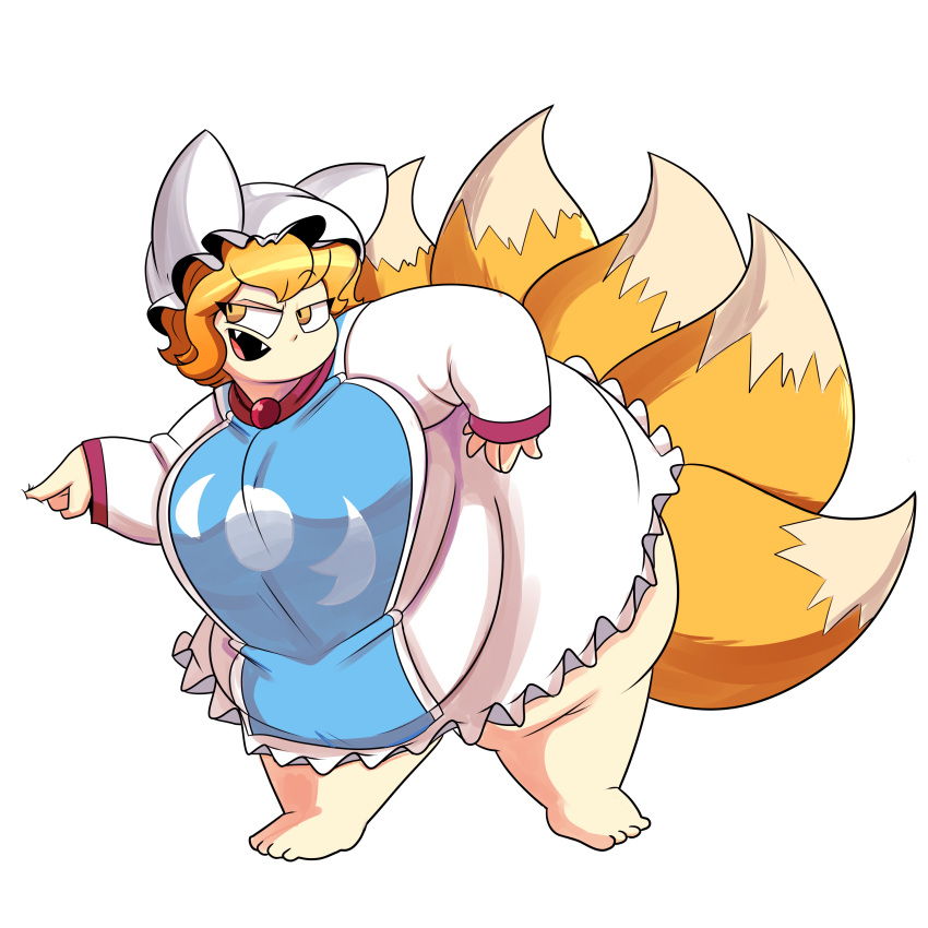 1:1 5_tails absurd_res animal_humanoid barefoot big_breasts blonde_hair breasts canid canid_humanoid canine canine_humanoid clothed clothing dipstick_tail fangs female fox_humanoid hair hat headgear headwear hi_res humanoid mammal mammal_humanoid multi_tail multicolored_tail obese obese_female open_mouth overweight overweight_female ran_yakumo short_hair slit_pupils solo superspoe touhou video_games yellow_eyes