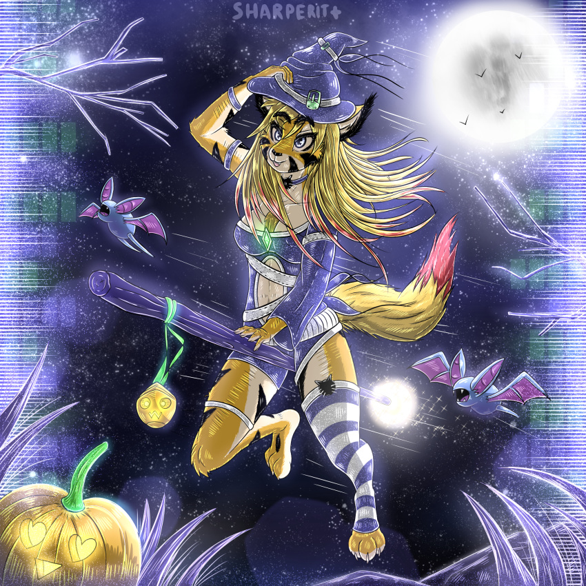 absurd_res anthro blonde_hair felid feline female hair halloween hi_res holidays line_art mammal moon pantherine sady sharperit spooky