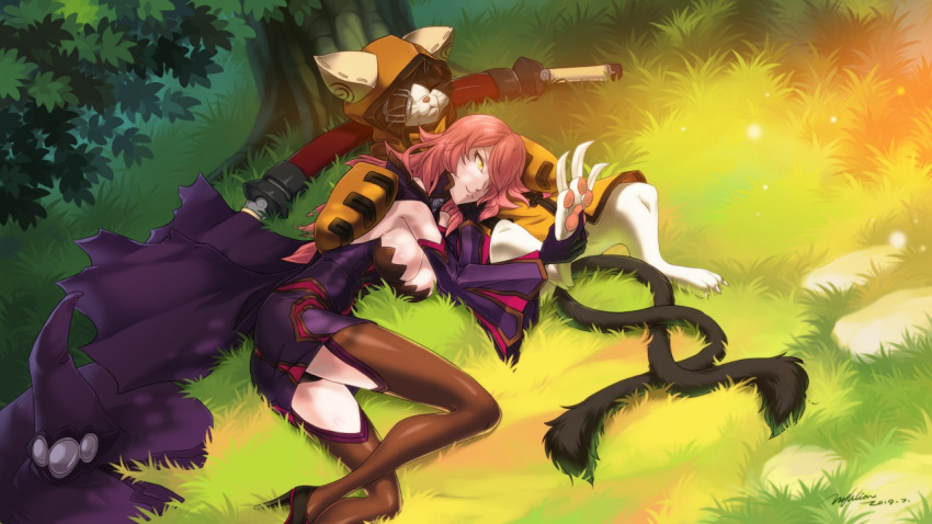 2019 black_body black_fur blazblue clothed clothing day detailed_background digital_media_(artwork) domestic_cat felid feline felis fur grass hair human hyhlion jubei_(blazblue) mammal outside pink_hair relaxing tree video_games