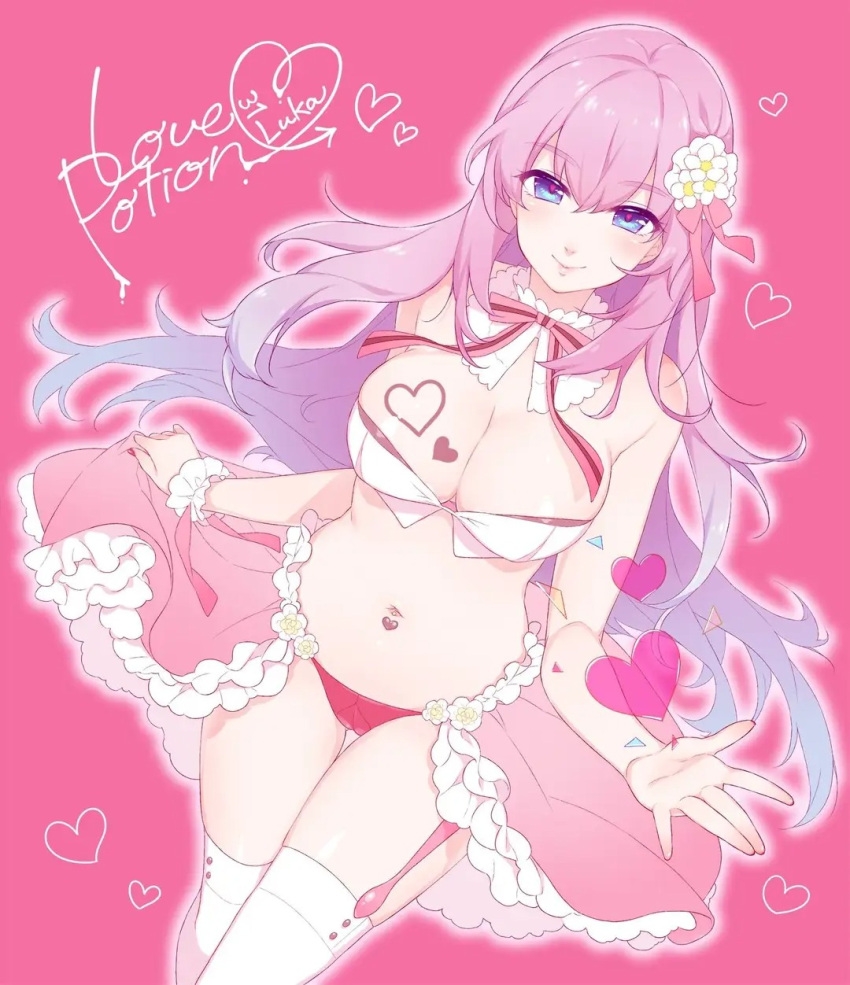 1girl arrow_(symbol) bare_arms bare_shoulders blue_eyes bodypaint breasts cameltoe character_name cleavage closed_mouth confetti crop_top detached_collar dutch_angle english_text fingernails flower food-themed_clothes frills garter_straps gradient_hair hair_flower hair_ornament hair_ribbon heart highres holding_own_skirt large_breasts long_hair looking_at_viewer megurine_luka midriff multicolored_hair nail_polish navel neck_ribbon non-web_source open_hand palms panties piercing pink_background pink_hair pink_ribbon pink_theme red_nails red_panties ribbon sasanoneko shiny_skin showgirl_skirt simple_background skin_tight skindentation smile solo stomach strapless striped_ribbon thighhighs transparent underwear vocaloid white_flower white_thighhighs wrist_cuffs