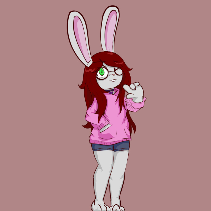 anthro bottomwear claws clothed clothing collar digital_media_(artwork) eyewear female fingers forgedinlight_(artist) fur glasses grey_body grey_fur hair lagomorph leporid looking_at_viewer mammal pants rabbit red_hair shorts simple_background smile solo teeth topwear