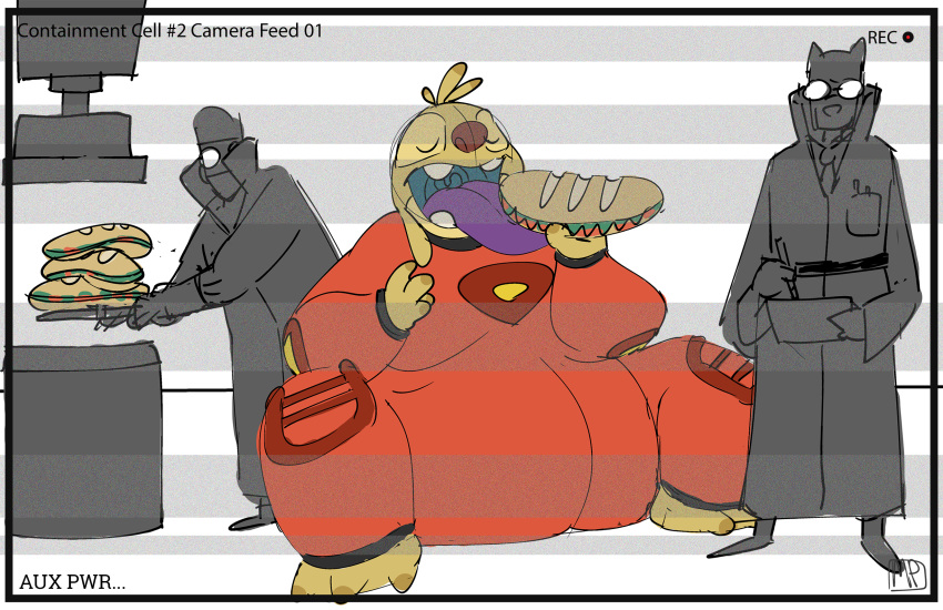 2019 3_toes 4_fingers alien antennae_(anatomy) anthro camera_view clothed clothing coat digital_drawing_(artwork) digital_media_(artwork) dipstick_antennae disney eating english_text experiment_(lilo_and_stitch) eyes_closed eyewear fingers food gaping_mouth glasses green_mouth group hi_res holding_food holding_object lab_coat laboratory lilo_and_stitch macro mammal maxpany morbidly_obese multicolored_antennae necktie obese open_mouth overweight pen purple_tongue recording red_nose reuben_(lilo_and_stitch) sandwich_(food) scanlines sitting spacesuit standing story story_in_description submarine_sandwich text toes tongue tongue_out topwear tray uvula writing_text yellow_body