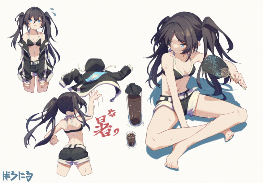 1girl annoyed ass back baronilu bikini bikini_top_only black_bikini black_hair black_jacket black_rock_shooter black_rock_shooter_(character) blue_hair breasts cleavage commentary_request denim denim_shorts fanning_self flying_sweatdrops hot iced_tea jacket navel shorts small_breasts solo stomach swimsuit throwing twintails